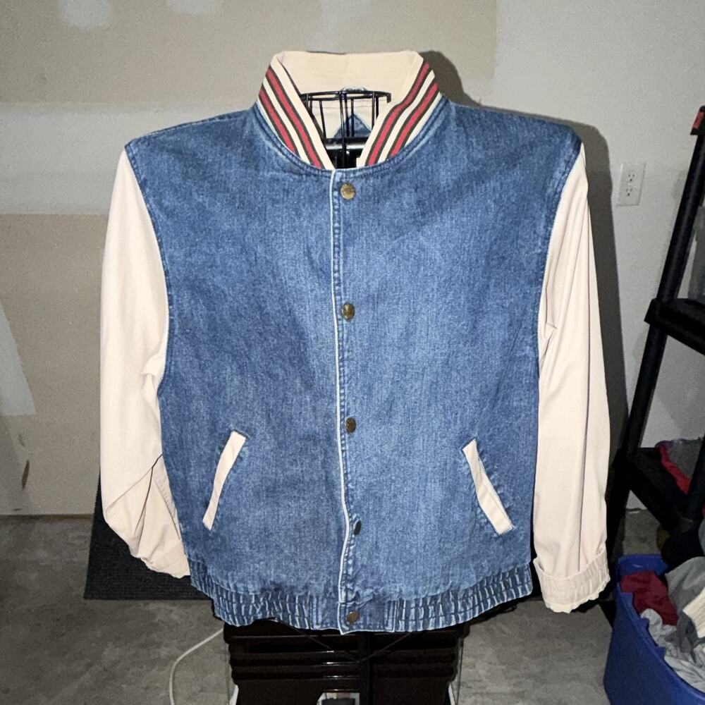 Vintage Great Land Mens L Blue Denim Varsity Jacket Beige Sleeves Button Retro